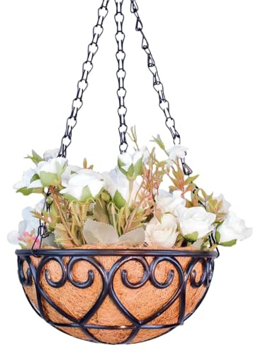 Pentola in resina appesa all'aperto - Contenitore rotondo decorativo da 10 pollici con inserto di palma da coco, ornamento del balcone vintage, piantatrice di catene di ferro durevole | Wall Fence Doo