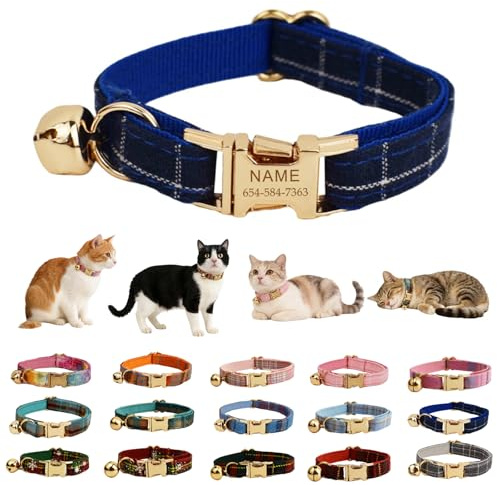 Personalisierbares kariertes Polyester-Katzenhalsband, lasergravierter Name und Telefonnummer, Glocke, verstellbare goldene Schnalle für Kätzchen und Katzen, mehrere Farben, passende Leine und