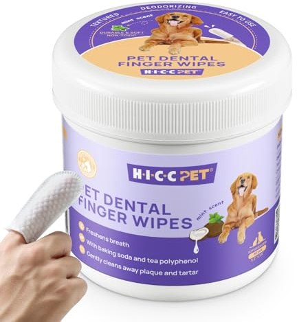 HICC PET Dog Dental Wipes, Dog Teeth Cleaning Finger Wipes, Freshens Breath, Soothes Gums, Reduces Plaque, Coconut Oil, 50 Disposable Wipes