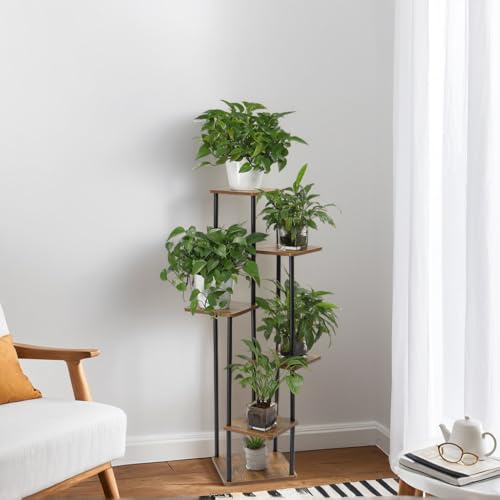 Bonnlo Stabiler Pflanzenständer, 6-Etagen aus Eisen-Holz, Platzsparend, Pflanzenregal für Balkon, Wohnzimmer, Garten & Gewächshaus, Blumenständer 116 x 30 x 30 cm