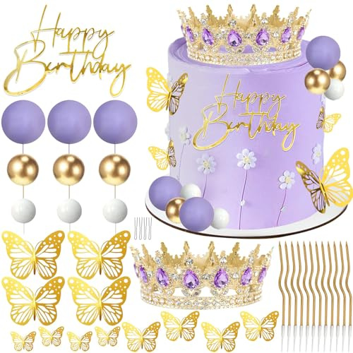 Kronenkuchenfigur, Bolas de feliz cumpleaños para pastel, velas de cumpleaños con coronas rojas, mariposas doradas, Corona Para Pastel, decoraciones para pasteles de cumpleaños y bodas (Oro, Lila)