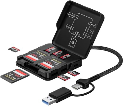 9IN1 SD Card Reader 5Gbps Simultaneously Read&Write, Memory Card Reader with 9 Cards Storage & 4 Push-to-Eject Card Slots, USB 3.0 & USB C Micro SD Card Adapter Compatible with iPhone/Camera/PC