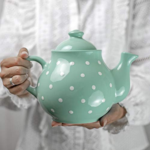 City to Cottage® - Teekanne für 4-6 Tassen | Türkis und Weiß | Polka Dots | Handgemacht | Teekanne Keramik Geschirr | 1,7 Liter