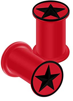 KJM Fashion 2 Stk Rot 6mm 2g Double Flared Schwarzer Stern Flesh Earplugs Ohr Plug Stecker Ring Expander Stab Piercing Schmuck 5240
