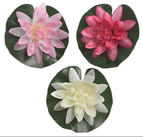 Set of 3 Artificial Water Lily/Lotus Pond Plants on Leaf - White, Pale Pink and Dark Pink - 12 cm