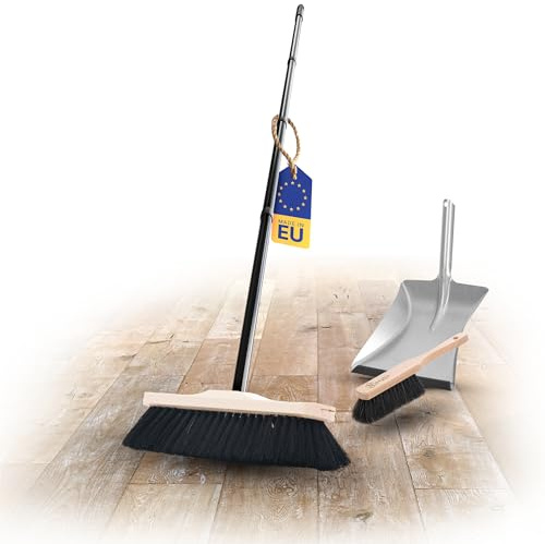 Novaliv Escoba de habitación con mango de pelo de caballo auténtico, cerdas suaves, cepillo para armario con mango de madera y recogedor de metal con borde de goma, escoba recogedor y recogedor