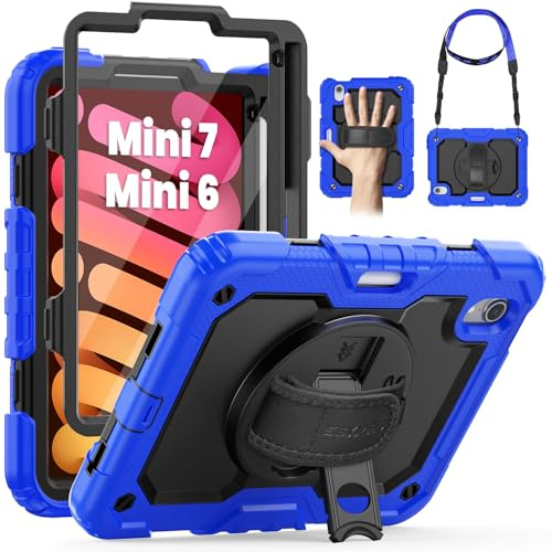 SEYMAC Case for iPad Mini 7th/6th 8.3 inch 2024/2021 (A17 pro), Blue | Shockproof Full Body Protective Case with Screen Protector, Hand Strap/Stand, Adjustable Shoulder Strap, Pencil Holder