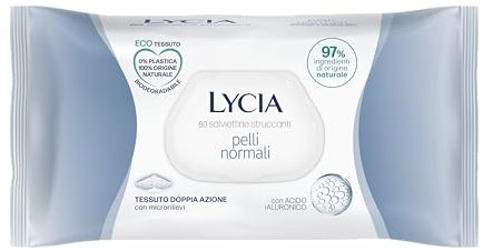 Lycia, Salviette Struccanti per Pelle Normale con Acido Ialuronico, Eco Tessuto Doppia Azione Biodegradabile, Tecnologia Anti-Pollution per Rimuovere Tracce di Inquinamento dalla Pelle, 60 pezzi