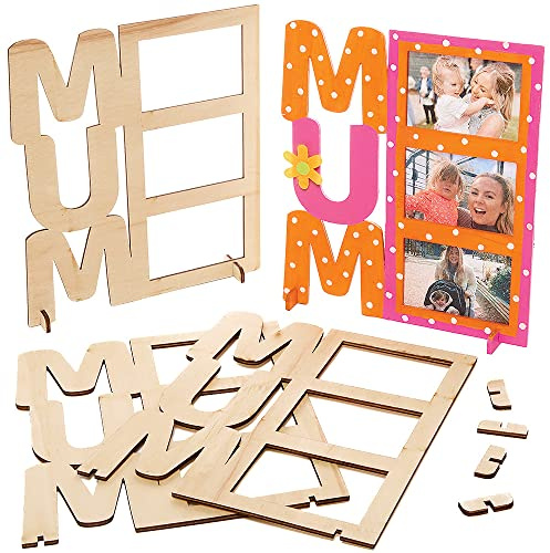 Baker Ross FX510 Holzfotorahmen „Mum”- 4er-Pack, Holzbastelpackungen für Kinder zum Bemalen