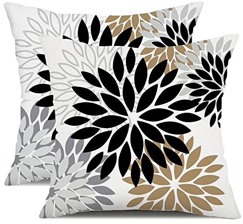 Schwarzbraune Dahlien-Kissenbezüge, 45.7x45.7 cm, Set mit 2 weißen grauen Blumen-Kissen, Bauernhaus, Outdoor, modernes florales Leinen, quadratisch, Dekoration für Wohnzimmer, Sofa, Funktion, Garten