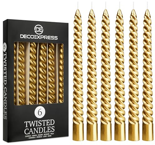 DECO EXPRESS Stabkerzen Set, 6er Packung, Tropffreie Gedrehte Bunte Kerzen, 6 Stunden Brenndauer Unparfümiert, Schlafzimmer Deko Geschenke für Valentinstag und Muttertag (Gold, 6er-Pack)
