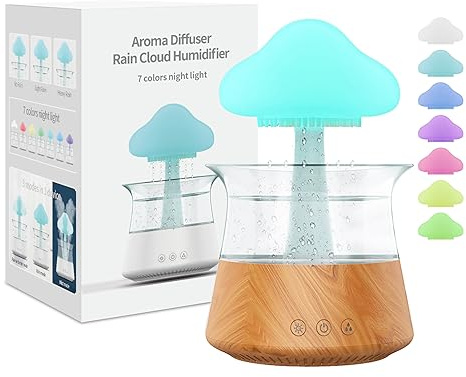 Rain Water Drop Humidifier - Mushroom Cloud Lamp Humidifier, Essential Oil Diffusers, 300ml White Noise Aromatherapy Diffusers with 7 Colors Cloud Lights for Home, Large Room, Office - Wood Grain