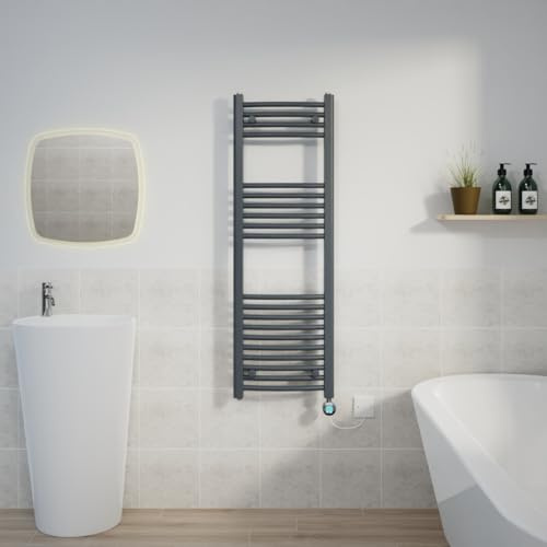 Warmehaus Prefilled 1200x400mm Curved Electric Heated Towel Rail with Timer Thermostatic Bathroom Radiator Anthracite - 600W(Chrome Heating Element)