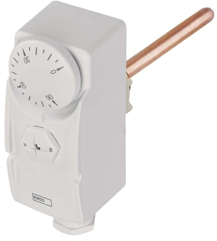 EMOS - termostato mecánico con sonda de inmersión, Manual, con Cable, para Sistemas de calefacción y refrigeración, regulación de Temperatura de 0 a 90 °C, medición invasiva, 230 V, 16 A/4 A, Blanco