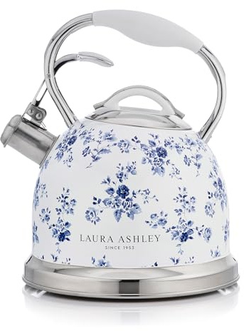 Laura Ashley China Rose Stovetop Kettle with Whistle - 2.5L Fast Boil Stainless Steel Kettle Stove Top - Silicon Coated Cool Handle Camping Kettle for Gas, Induction Hob - Compatible with Aga Stove