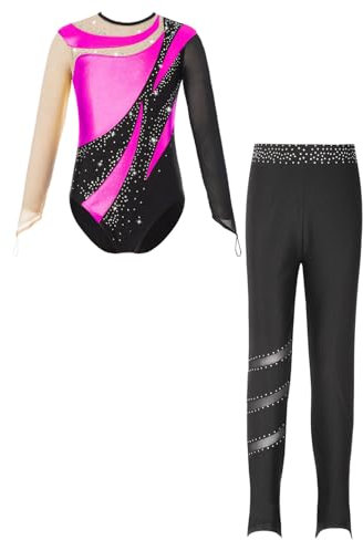 iiniim Mädchen Turnanzug Glitzer Langarm Gymnastikanzug mit Hose Gymnastik Leotard Trikotanzug Akrobatik Wettbewerb Tanzkostüm Dunkel Rosa 158-164