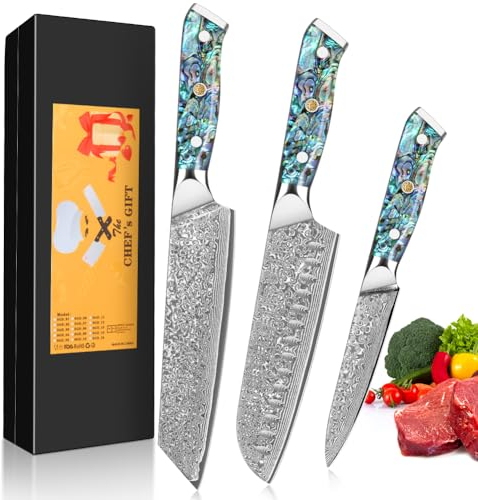 Home Safety Damascus Knife Set of 3, 12.4-19cm Chef's Knife Set Made of 67 Layers of VG-10 Damascus Steel, Santoku Knifes, Kiritsuke Knifes, Ergonomic Abalone Shell Handle, Gift Box
