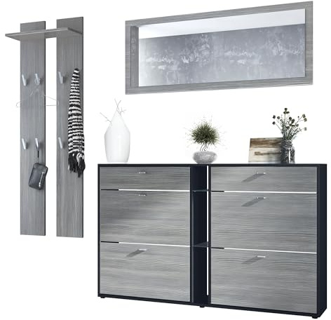 Vladon Garderoben-Set Orlando mit Schuhschrank, Made in Germany, Wandpaneel und Wandspiegel, Schwarz matt/Avola-Anthrazit