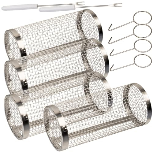 Rosenstein & Söhne Ofen-Backkäfig-Grillkorb: 4er-Set Grillkörbe aus Edelstahl, stapelbar, inkl. Haken und Spieße (Multifunktions-Grillkorb, Fisch Edelstahl, Grillspiesse)