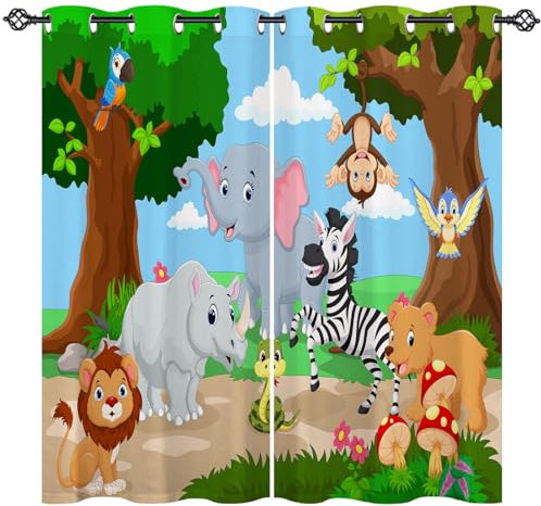ANHOPE Safari Tier Elefant Löwe Bär Vorhänge mit Ösen Blickdichte Gardinen Blackout Curtain Thermo Vorhang Kinder Jungen Mädchen Schlafzimmer Wohnzimmer Verdunklungsvorhänge 2er Set H 138 x B 117 cm