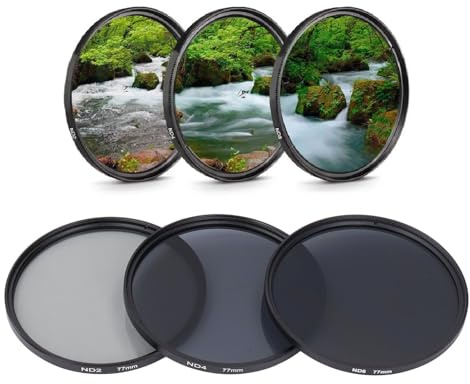 3 Stück ND2 ND4 ND8 Objektiv Filter, HD-Filter für Mehr Schicht Ige Beschichtung Neutrale Dichte mit Linsen Beutel, Fotografie-Filters Atz für Kamera Objektiv (77mm)