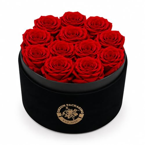 Dekun Ewige Rosen Box mit 12 Konservierten Echten Rosen – Luxus Rosenbox aus Samt, Haltbare Blumen 1–3 Jahre, Geschenk für Frauen zum Geburtstag, Valentinstag, Muttertag, Jahrestag (Schwarz/Rot)