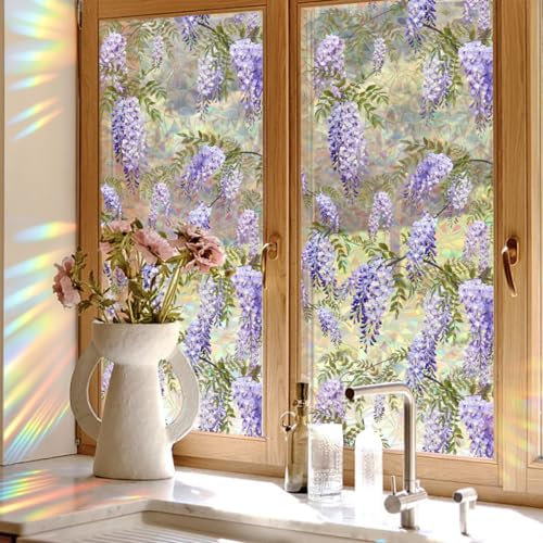 Runtoo Wisteria Flower Window Film, 15.75 x 40 inches, Purple, UV Protection, Privacy Protection, Stained Glass Effect