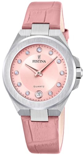 Festina Damenuhr Analog aus Edelstahl und Leder Rosa | Quarzwerk, Widerstandsfähiges Mineralglas, Wasserdicht 5 ATM und Kalender F20701/2, Mademoiselle