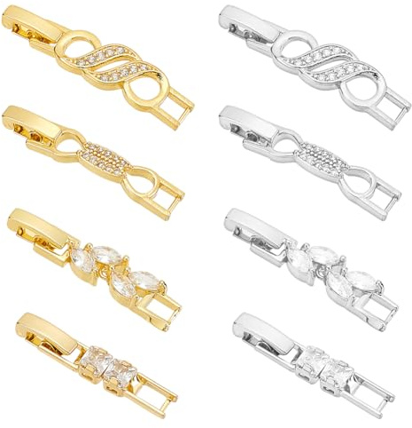 OLYCRAFT 8Pcs Zirconia Watch Extender Golden Platinum Necklace Bracelet Extender Chain Extension Clasp with Cubic Zirconia Watch Band Clasps for Bracelet Necklace Making DIY Jewelry Extender -8 Styles