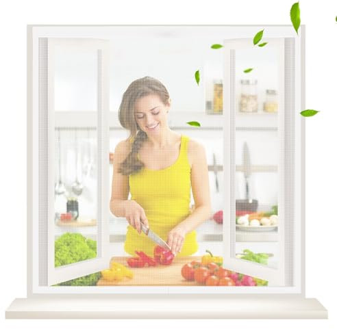 Moskitonetz für Fenster 135x165cm Weiß Insektenschutzvorhang für Balkontür, Kellertür, Terrassentür, einfache Montage, komplettes Montageset