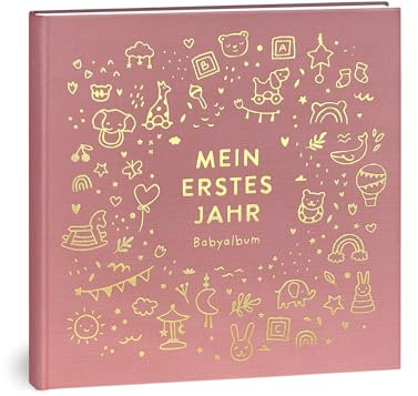 Mein erstes Jahr Babyalbum - Hochwertiges Leinenbuch mit Goldprägung für die schönsten Erinnerungen - Babybuch zum Eintragen für das erste Lebensjahr - Baby Geschenk zur Geburt (Spielzeug Rosé)