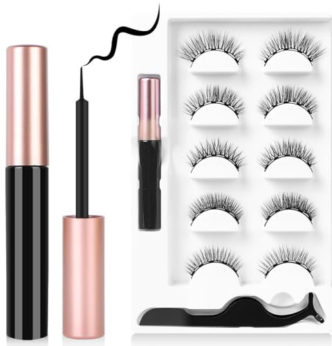 Ciglia Finte Magnetiche, 5 Paia Ciglia Magnetiche con Eyeliner Magnetico, Riutilizzabile Kit Ciglia Finte, Naturali e Lunga Durata di Effetto 3D