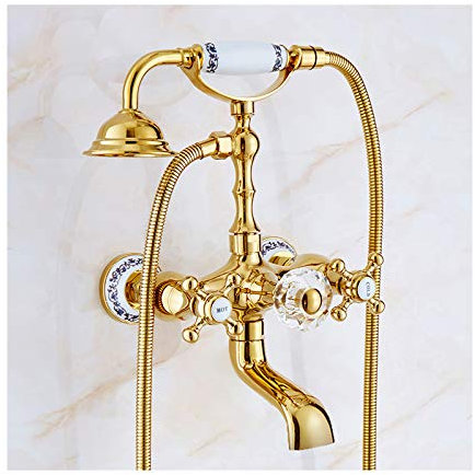 GUHPZA Wannenarmatur Gold Antike Badewannenarmatur Mit Kalt- Und Warmwasser, Doppelgriff-Wannenfüllarmatur Messing-Wannenarmatur Wandmontierte Füllmischarmatur Mit Handbrause, K,Keramik-Stil