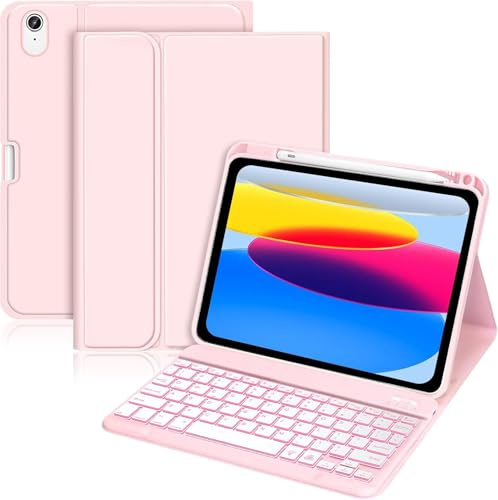 Custodia con Tastiera Compatibile con iPad 10ª Gen 10,9 (2022) e iPad A16 11 (2025) – Cover con Tastiera Retroilluminata 7 Colori, Custodia Staccabile Wireless con Portapenna, Rosa