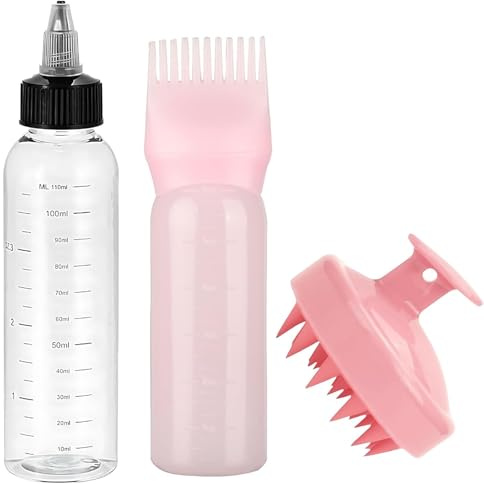 BeoTnp 3Pcs Hair Oil Applicator Bottle, Hair Dying Bottle Brush, Portable Plastic Dye Oil Applying Applicator with Graduated Scale, Hairdressing Tools, Suitable for Salons and Home DIY (Pink)