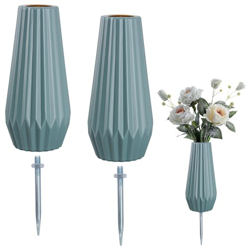2Pcs Cemetery Vases with Metal Spike, 8 Inch Grave Vases for Cemetery, Plastic Flower Vase for Grave Decoration