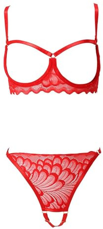 XFSRG Conjunto de Lingerie Sexy para Mujer Sujetador con Aros y Tanga Diseño en Tul Transparente Lencería Seductora y Erótica para Mujer (Rojo XL)