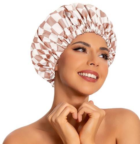 BelleVive Cuffie doccia riutilizzabili per donne, impermeabili, grandi, lussuose, lavabili con elastico, doppio strato, eleganti cuffie doccia per capelli lunghi, ricci