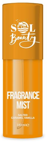 Sol Beauty Spray corporal con aroma a vainilla y caramelo salado. Bruma corporal vegana que ayuda a mantener la piel hidratada y fresca. Bruma corporal de 150 ml.