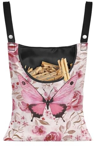 Buxolandt Clothes Pegs Bag Pink Butterfly Print Storage Peg Holder Sliding on Clothesline Hangable Clothespin for Bedroom Balcony
