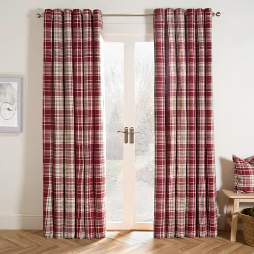 OHS Red Eyelet Curtains for Living Room Bedroom, Soft Luxury Dorset Woven Check Blackout Thermal Curtains Decorative Fully Lined Curtain for Window Treatment 2 Panel, 66 x 54