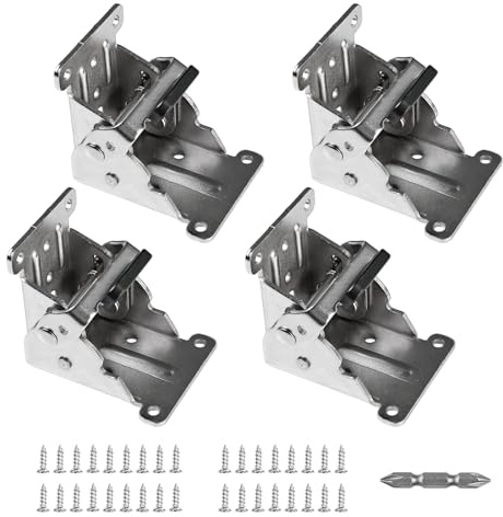 Ziyonix 4 Piezas Bisagras Bloqueo Automático Mensula Plegable de 90 Grados para Patas de Muebles Herrajes para Mesas Plegables con 36 Tornillos y un Destornillador - Plata
