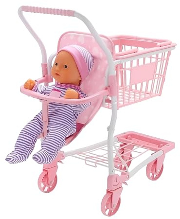 Toy Shopping Trolley For Kids – 2 In 1 Kids Shopping Play Set With Basket And Doll Carrier – Durable Children’s Shopping Trolley With Seat And Wheels For Pretend Grocery Store Play