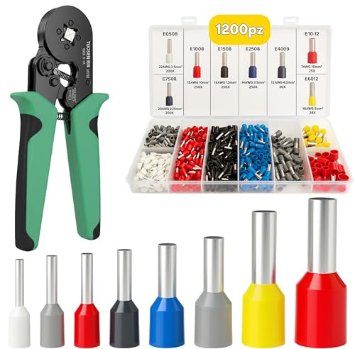 MarketConnect® KIT 1200pz Puntalini + Pinza Crimpatrice • Sez. 0,5–10 mm² • Lung. 8–12 mm • DIN 46228-4 • Unipolare Capicorda • E0508, E7508, E1008, E1508, E2508, E4009, E6012, E10-12