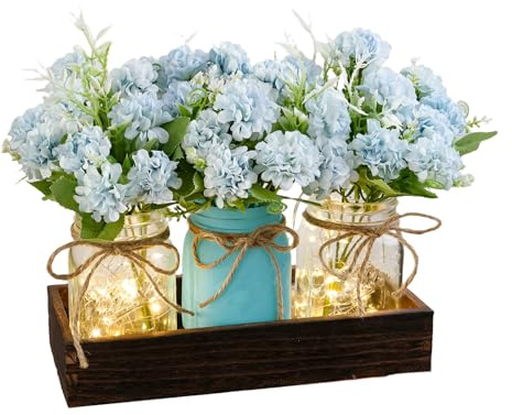 3PCS Artificial Spring Flowers in Mason Jars with Rustic Wood Tray | Fake Floral Centerpiece, Faux Silk Hydrangea for Farmhouse Home Spring Décor Kitchen Coffee Table Arrangement, Blue