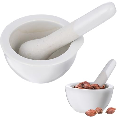 VICASKY Set 2 Pezzi Mortaio e Pestello in Ceramica Bianca 60Mm Ciotola per Macinare Medicinali e Spezie Utensile da Cucina e Farmacia Design Ergonomico e Superficie Liscia Facile da