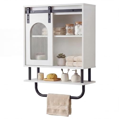 LIFEZEAL Armario de pared para baño, armario de baño con toallero, armario colgante con compartimento abierto, armario colgante para baño, cocina y salón, 50 x 20 x 70 cm, color blanco