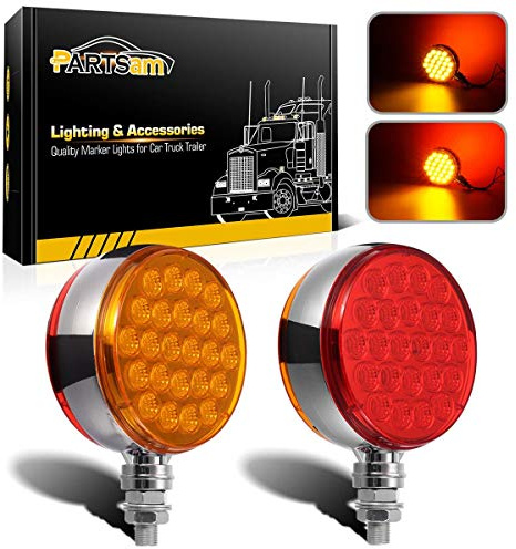 Partsam 2pc 4 Round Double Face Single Stud Mount Pearl Red/Amber 48 LED Pedestal Fender Reflective Lights w Chrome Housing Sealed Replacement for Heavy-duty Trucks, DOT Compliant, 10-30V