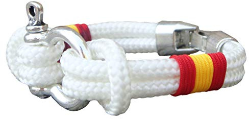 Pi2010 - Pulsera náutica con grillete/Color Blanco/Bandera de España Trenzada/Unisex/Grosor 4mm / 3 tamaños/Hecho a Mano en España/Cierre zamac