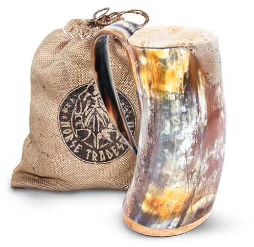 Norse Tradesman Taza de cuerno para beber vikingo original - Jarra de cerveza vikinga premium de 900 ml con fondo de madera dura súper reforzada | The Original, Sin Pulir, Extragrande